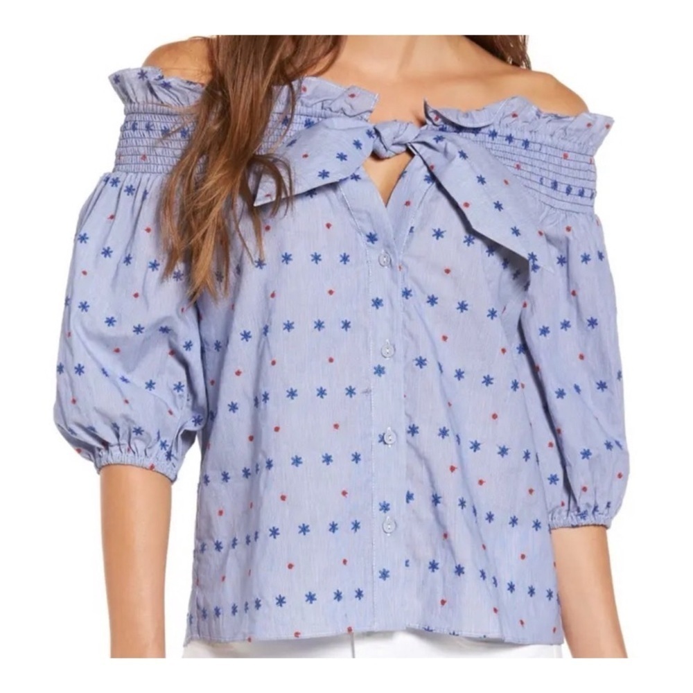 Parker | Spade Off the Shoulder Blue & Red Embroidered Blouse Top | XS